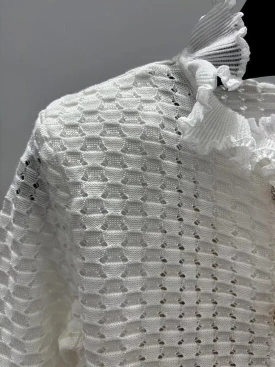 Self-Portrait White Textured Knit Ruffle Collar Mini Dress - Picture 3 of 8